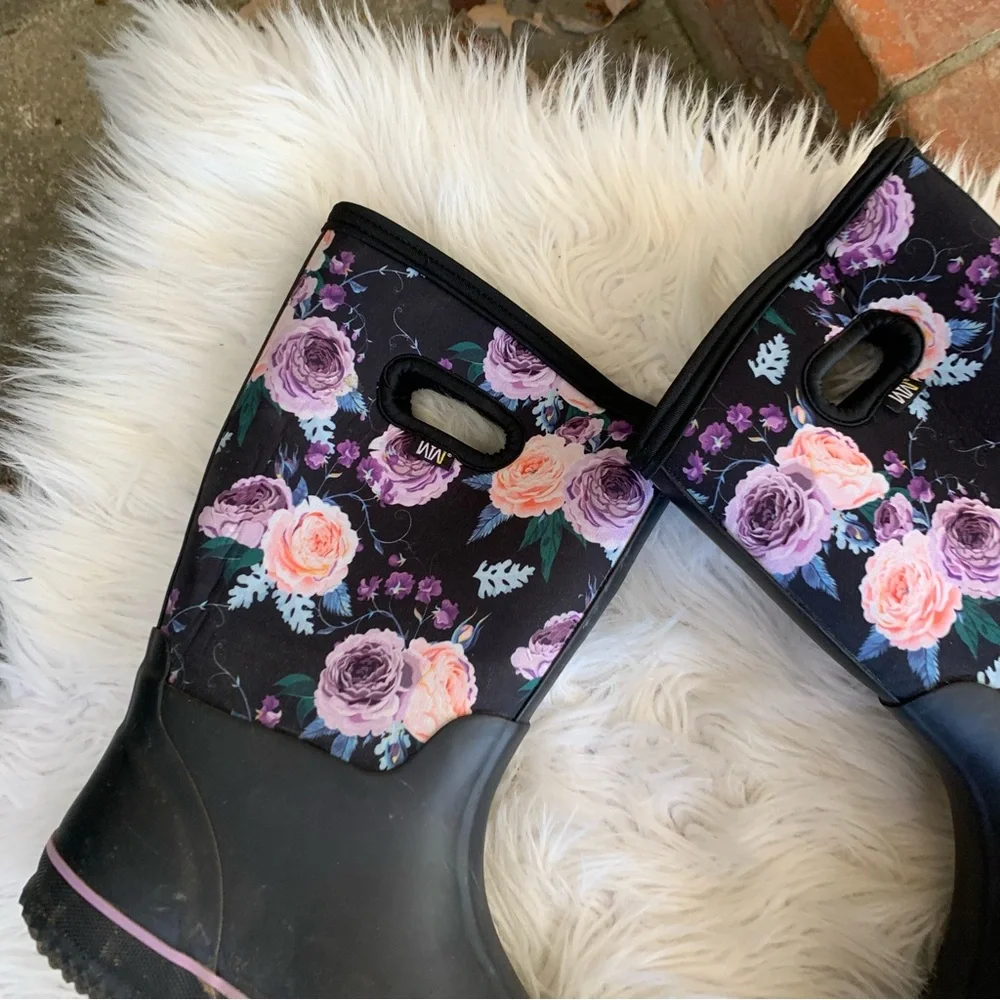 WTW Floral Black Rain Boots Size 10